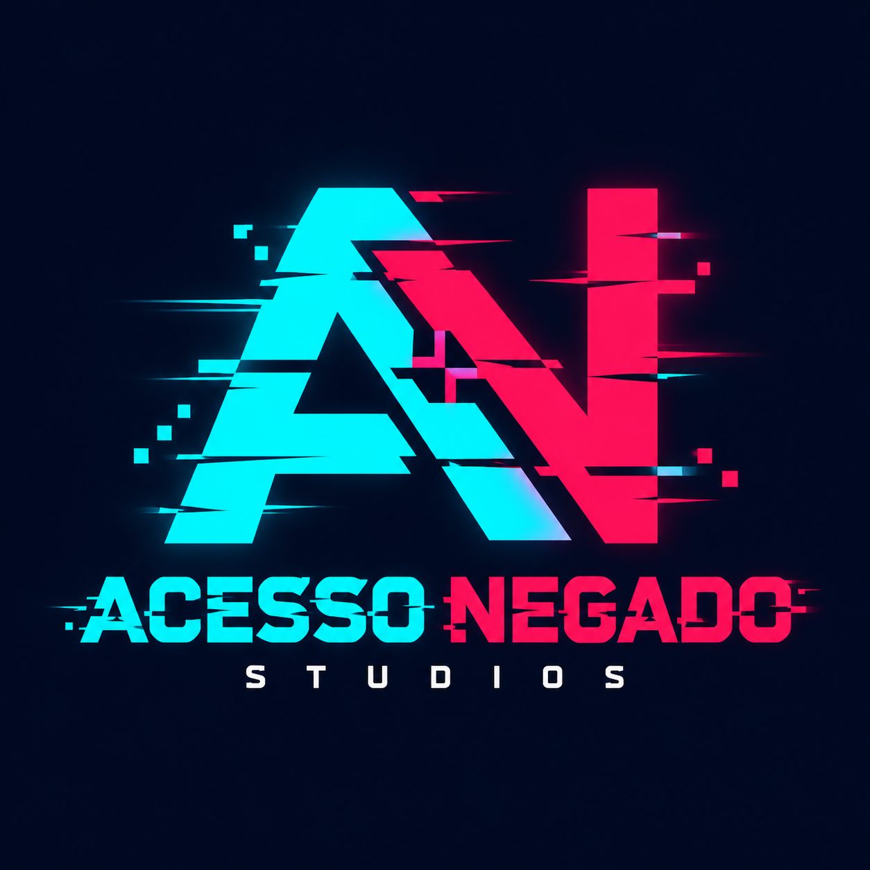 Acesso Negado Studios: monograma AN com falhas digitais em ciano e vermelho
